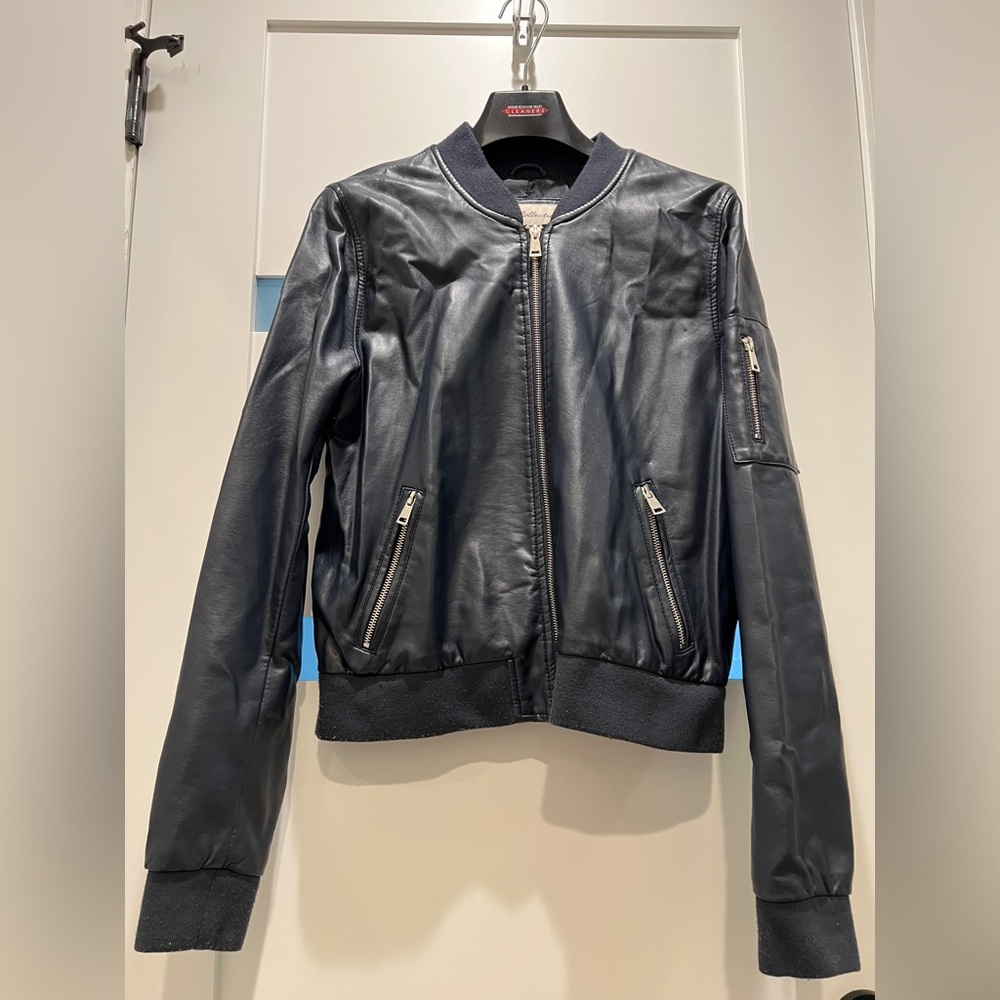 Women's Vegan Leather Moto Bomber Jacket Blue-Black Medium